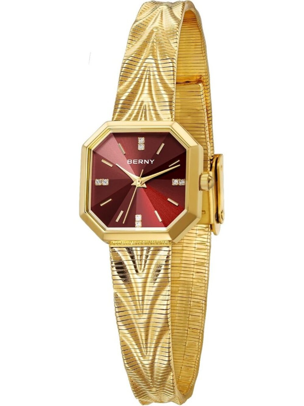 Women's Gold-Red Octagonal Case Waterproof Stainless Steel Luxury Wrist Watch